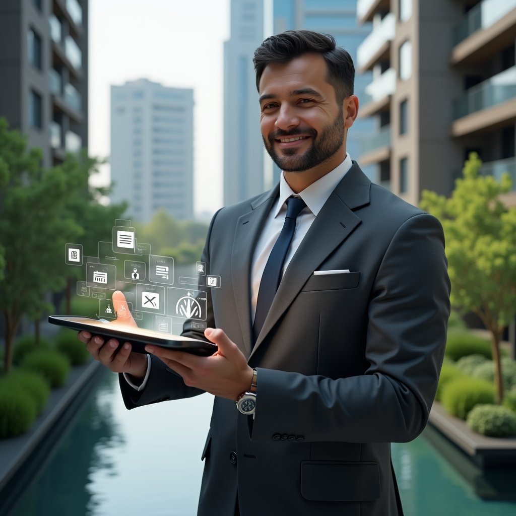 Ultra-realistic condominium manager in a tailored charcoal suit, set in a modern luxury condominium environment with high-rise buildings and lush green landscaping, confidently holding a transparent holographic tablet displaying floating icons for financial charts, calendar reservations, chat messages, maintenance requests and security cameras, cinematic lighting, shallow depth of field, highly detailed textures, realistic skin, photographic realism, 8k resolution --ar 1:1 --v 6