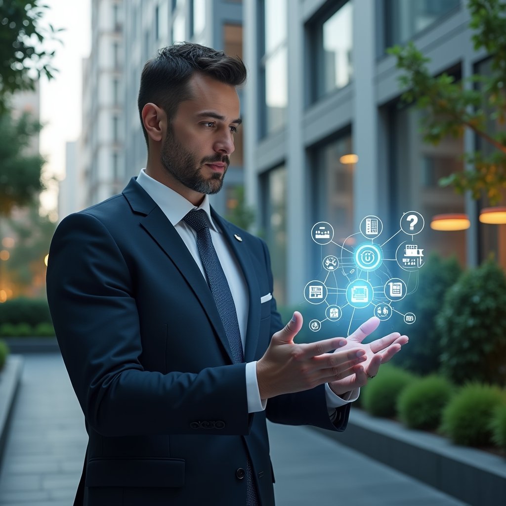 Ultra-realistic condominium manager in a tailored navy suit, set in a modern luxury condominium environment with high-rise buildings and meticulously landscaped greenery, looking confidently at a floating holographic interface displaying icons for communication, finance, security, reservations, maintenance, voting, and analytics, cinematic lighting, shallow depth of field, highly detailed textures, realistic skin, photographic realism, 8k resolution --ar 1:1 --v 6