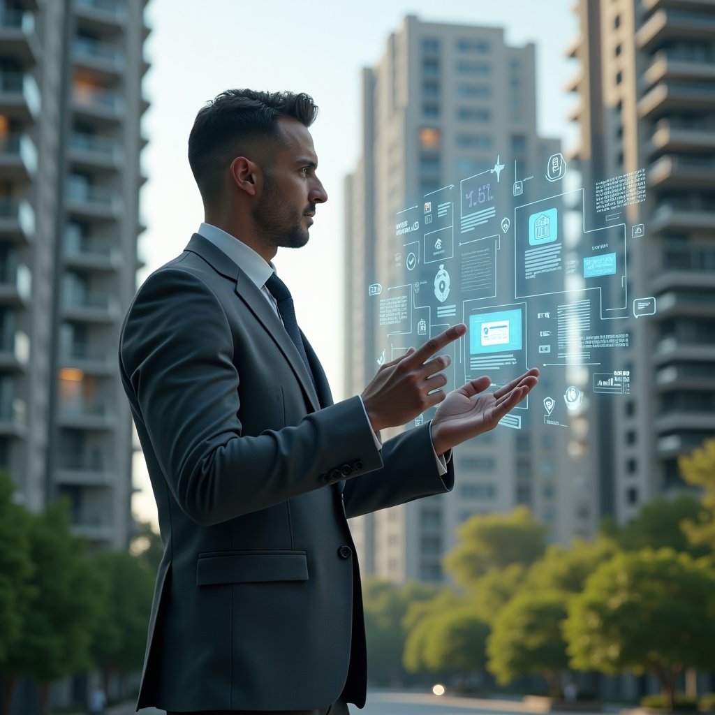 Ultra-realistic condominium manager in a charcoal gray executive suit, set in a modern luxury condominium environment with high-rise buildings and meticulously landscaped greenery, standing in a medium shot confidently interacting with a floating holographic dashboard displaying icons for messaging, finance charts, security locks, reservation calendars and maintenance alerts, cinematic lighting, shallow depth of field, highly detailed textures, realistic skin, photographic realism, 8k resolution --ar 1:1 --v 6