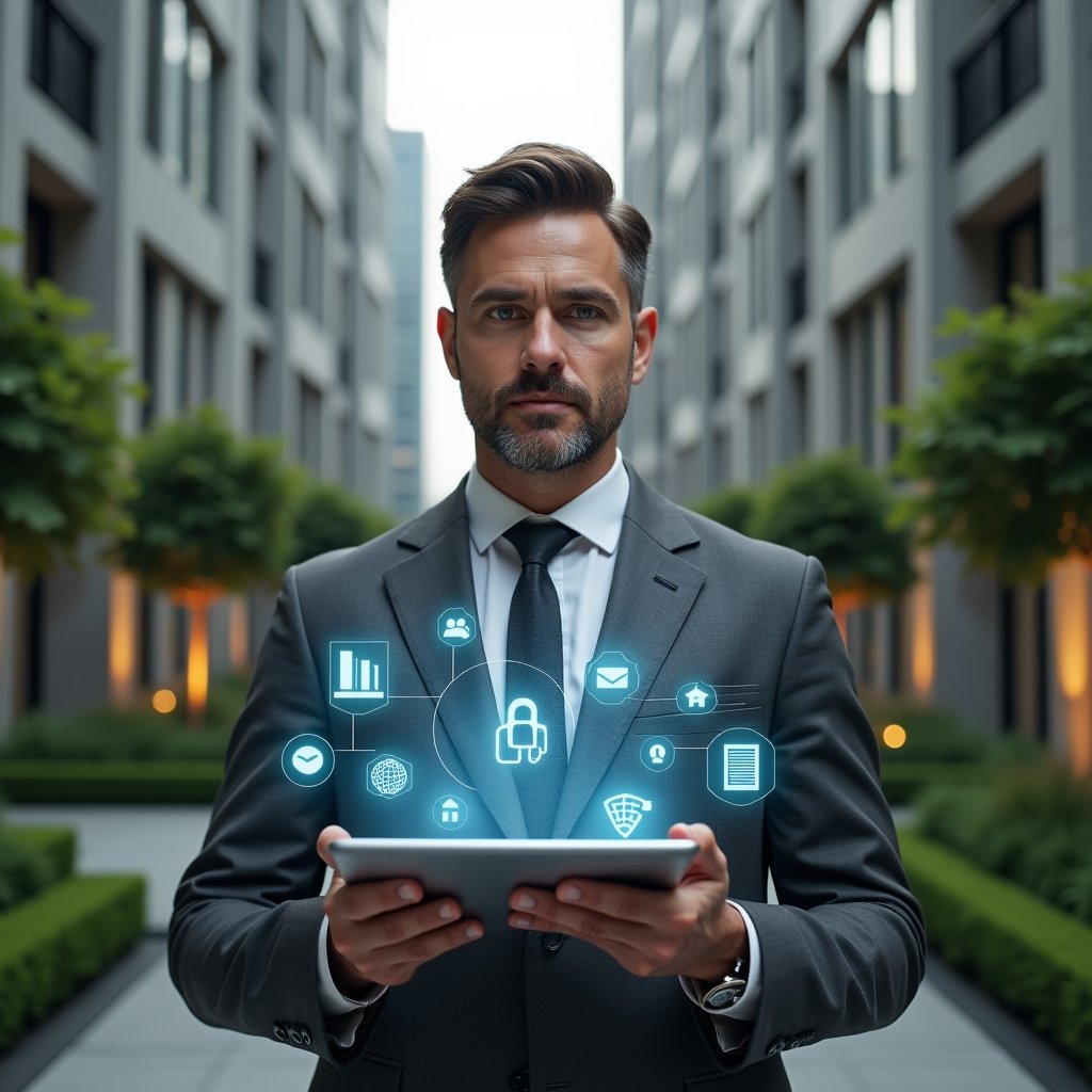 (Ultra-realistic condominium manager in a charcoal gray suit, set in a modern luxury condominium environment with high-rise buildings and manicured green landscaping, holding a holographic tablet displaying icons for access control, area booking, financial dashboards, messaging, maintenance requests, analytics and support, confident and focused expression, cinematic lighting, shallow depth of field, highly detailed textures, realistic skin, photographic realism, 8k resolution --ar 1:1 --v 6)