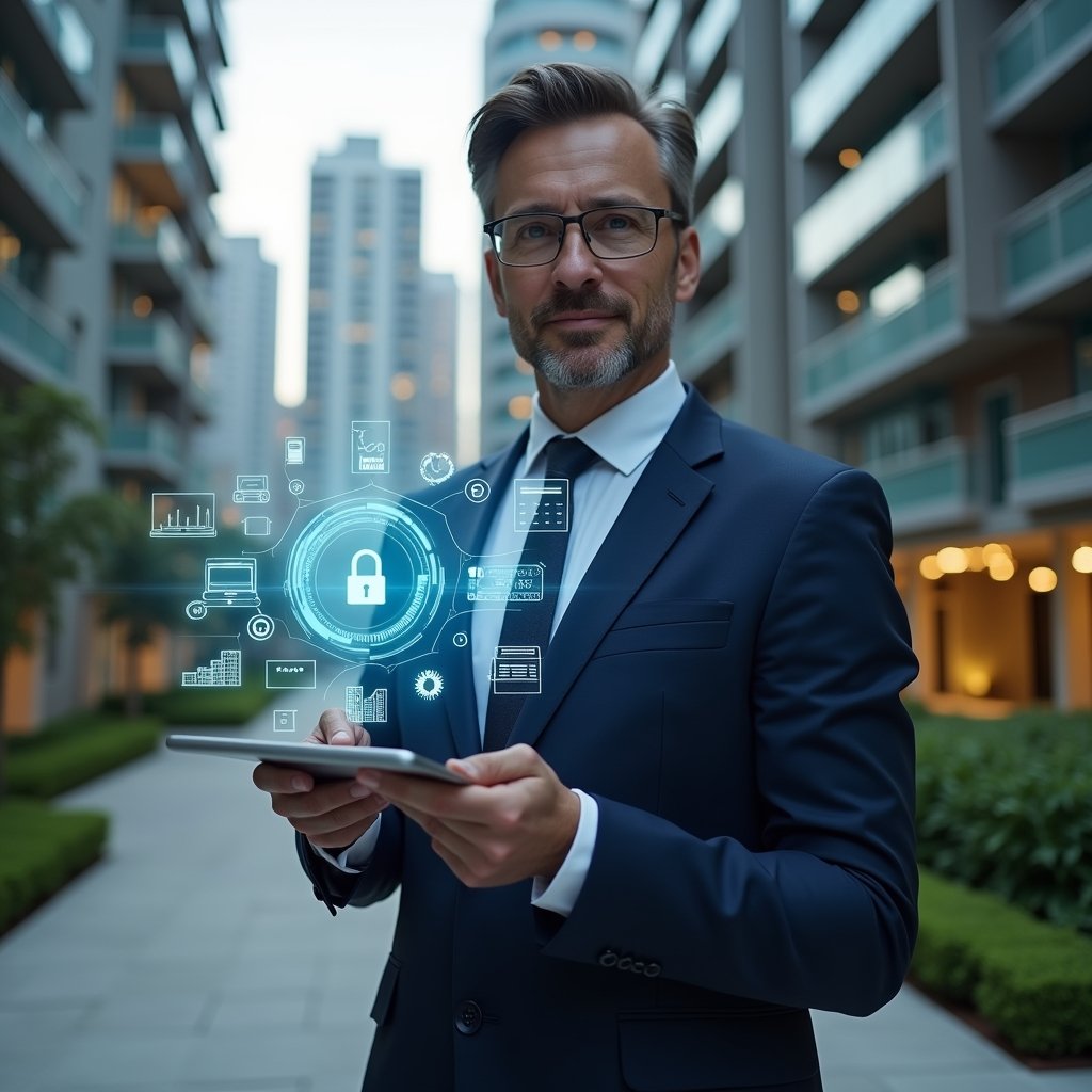 (Ultra-realistic condominium manager in a dark blue suit, set in a modern luxury condominium environment with high-rise buildings and manicured green landscaping, holding a tablet displaying floating holographic icons of digital access control, reservation schedules and financial charts, confident expression, futuristic holographic interface surrounding the device, cinematic lighting, shallow depth of field, highly detailed textures, realistic skin, photographic realism, 8k resolution --ar 1:1 --v 6)