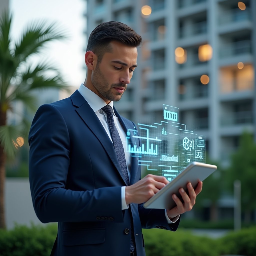 Ultra-realistic condominium manager in a navy executive suit, set in a modern luxury condominium environment with high-rise buildings and lush green landscaping, mid-shot close-up of a focused and confident property manager analyzing holographic financial charts and KPI icons floating above a tablet, cinematic lighting, shallow depth of field, highly detailed textures, realistic skin, photographic realism, 8k resolution --ar 1:1 --v 6