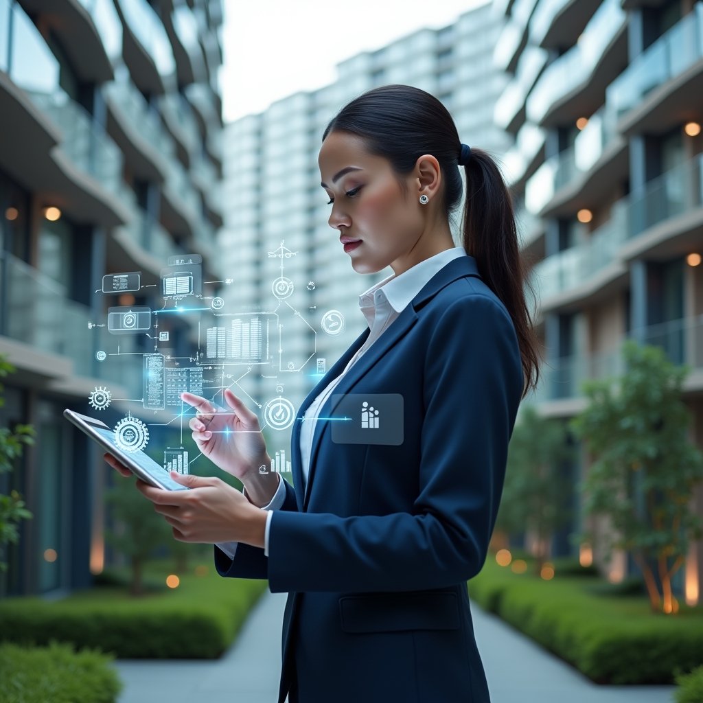 (Ultra-realistic condo manager in a tailored navy-blue suit, set in a modern luxury condominium environment with high-rise buildings and manicured green landscaping, interacting with a transparent holographic tablet displaying automated management dashboards and charts, floating icons of gears, clocks, documents and building blueprints around her, confident and focused expression, cinematic lighting, shallow depth of field, highly detailed textures, realistic skin, photographic realism, 8k resolution --ar 1:1 --v 6)