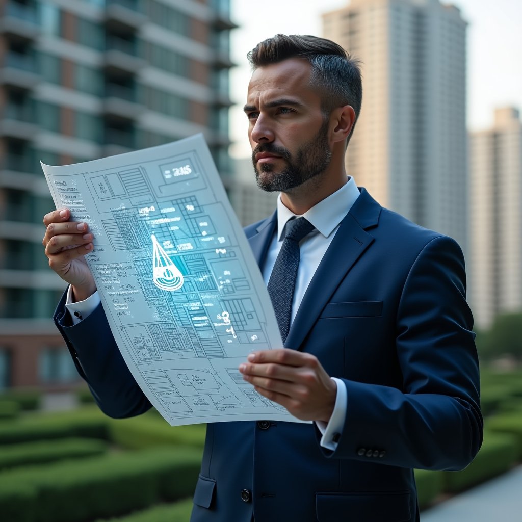 (Ultra-realistic condominium manager in a navy blue suit, set in a modern luxury condominium environment with high-rise buildings and manicured green landscaping, holding and examining a holographic floor plan with highlighted unit fractions and percentage labels, a floating legal scales icon beside the projection, focused and confident expression, cinematic lighting, shallow depth of field, highly detailed textures, realistic skin, photographic realism, 8k resolution --ar 1:1 --v 6)