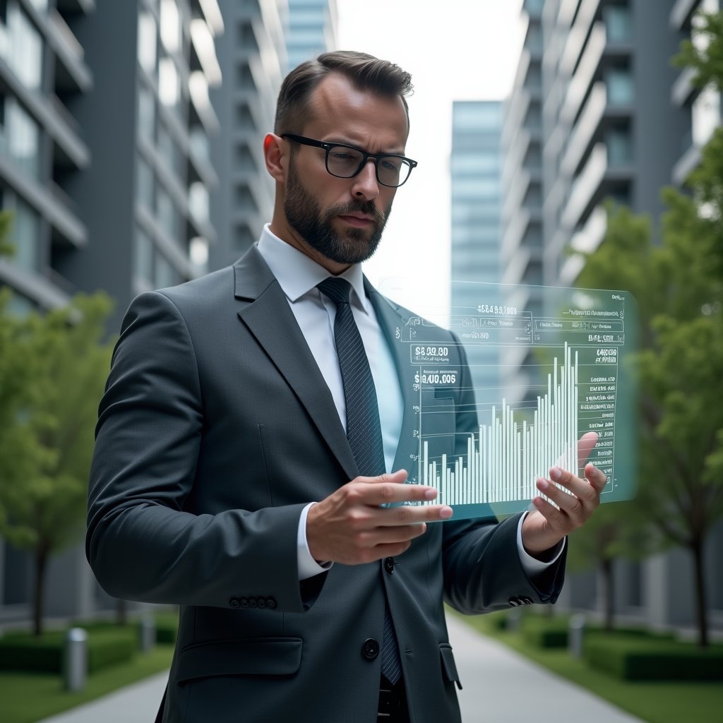 Ultra-realistic condo manager in a charcoal gray suit, set in a modern luxury condominium environment with high-rise buildings and manicured green landscaping, holding a transparent holographic financial chart projection while analyzing data with a confident, focused expression, holographic icons of invoices and reports floating around, cinematic lighting, shallow depth of field, highly detailed textures, realistic skin, photographic realism, 8k resolution --ar 1:1 --v 6