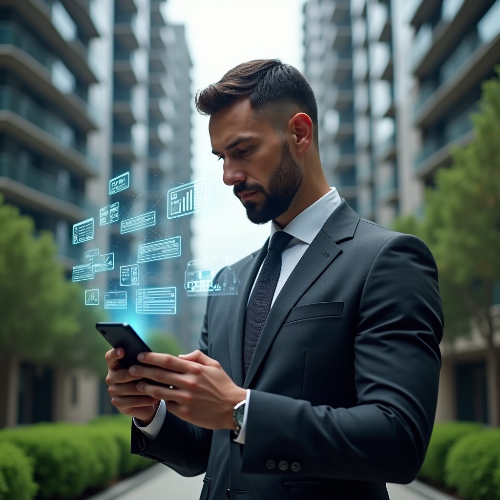 Ultra-realistic condominium manager in a charcoal gray executive suit, set in a modern luxury condominium environment with high-rise buildings and meticulously landscaped greenery, holding a smartphone displaying floating holographic icons of message bubbles, financial charts, and reservation calendars, confidently analyzing data in a thoughtful pose, futuristic interface overlay, cinematic lighting, shallow depth of field, highly detailed textures, realistic skin, photographic realism, 8k resolution --ar 1:1 --v 6