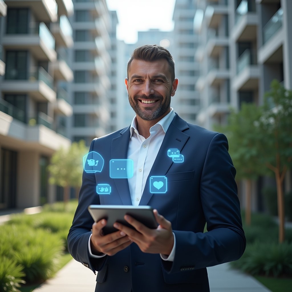 (Ultra-realistic condominium manager in a tailored navy suit, set in a modern luxury condominium environment with high-rise buildings and well-groomed green landscaping, holding a tablet displaying holographic chat icons and message bubbles, smiling confidently and engaging with digital interfaces, symbolic communication hologram floating around, cinematic lighting, shallow depth of field, highly detailed textures, realistic skin, photographic realism, 8k resolution --ar 1:1 --v 6)