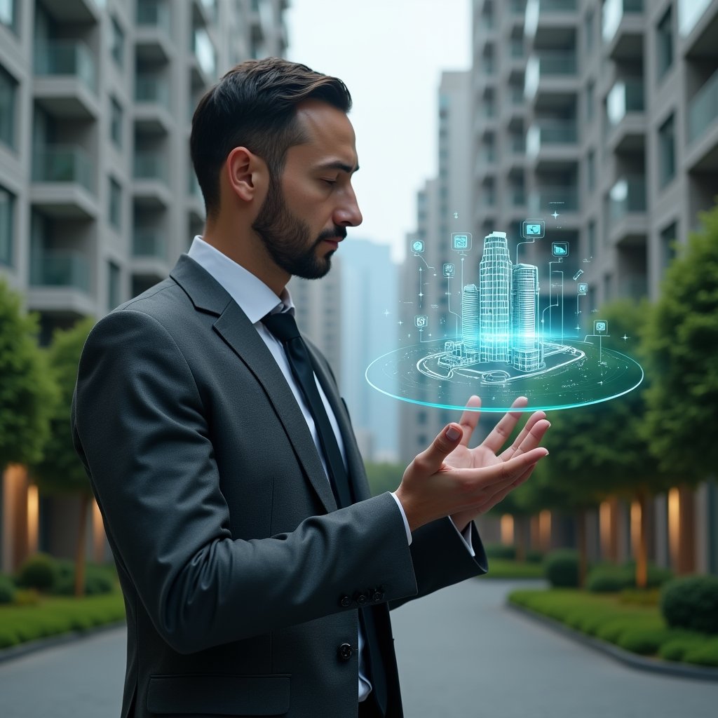 (Ultra-realistic condominium manager in a dark gray tailored suit, set in a modern luxury condominium environment with high-rise buildings and manicured green landscapes, confidently interacting with a floating holographic interface displaying app icons and building schematics, symbolizing digital management and reduced bureaucracy, cinematic lighting, shallow depth of field, highly detailed textures, realistic skin, photographic realism, 8k resolution --ar 1:1 --v 6)