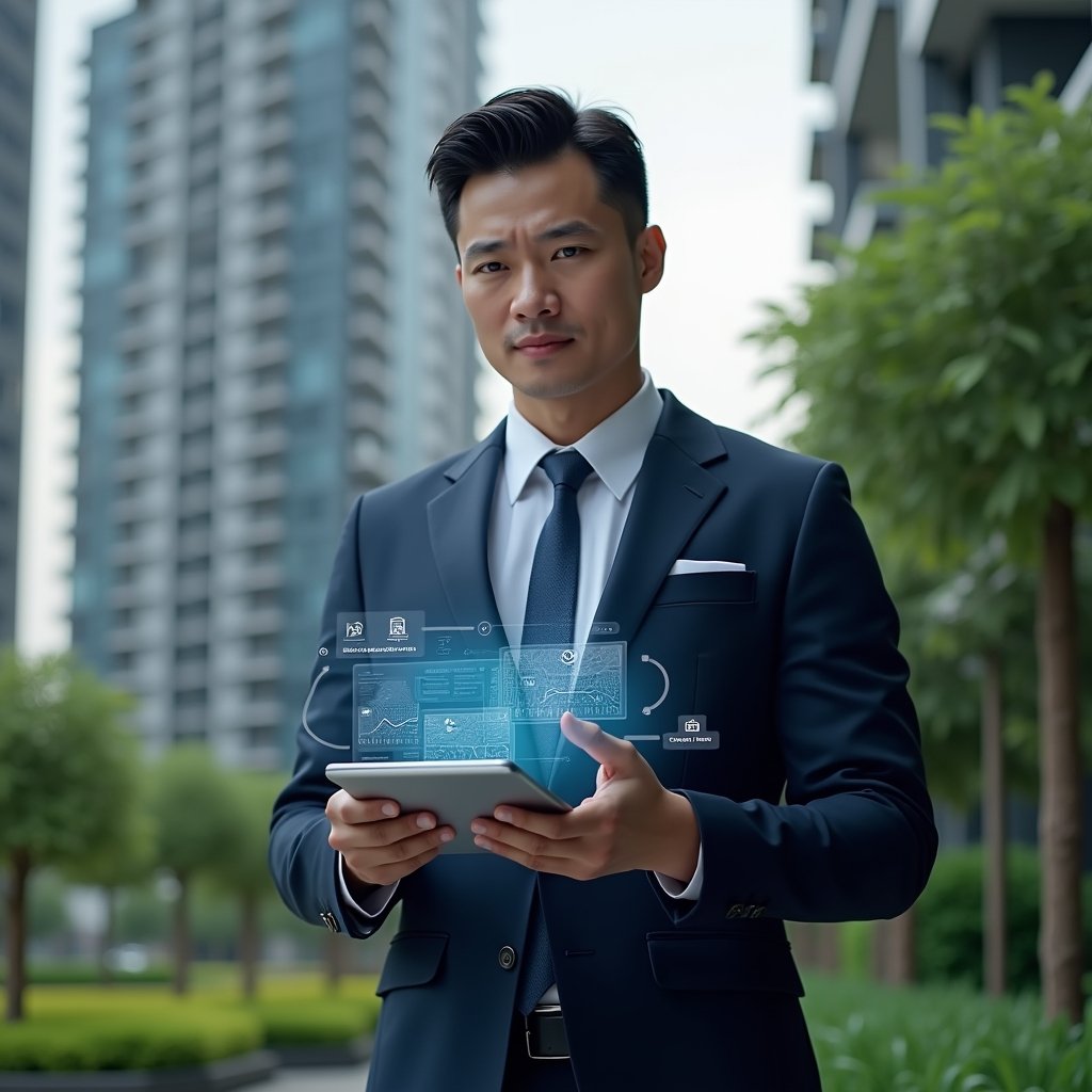 Ultra-realistic condominium manager in a navy executive suit, set in a modern luxury condominium environment with high-rise buildings and lush green landscaping, holding a holographic tablet displaying a digital dashboard of an **aplicativo para condomínio**, confidently pointing to icons for finances and team tasks, confident and focused expression, cinematic lighting, shallow depth of field, highly detailed textures, realistic skin, photographic realism, 8k resolution --ar 1:1 --v 6