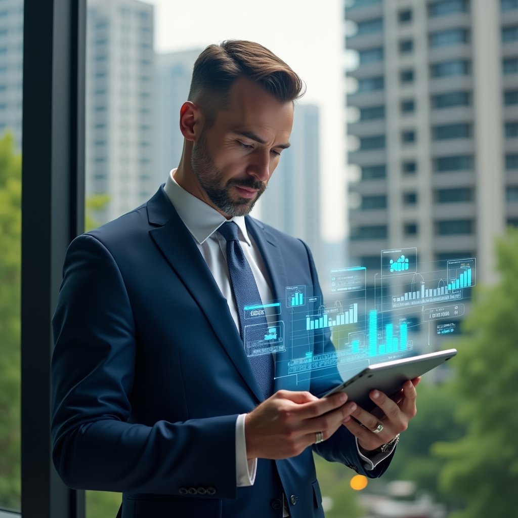 Ultra-realistic condominium manager in a navy blue executive suit, set in a modern luxury condominium environment with high-rise buildings and lush green landscaping, reviewing financial reports on a sleek tablet while holographic charts and expense icons float around him, confident and focused expression, cinematic lighting, shallow depth of field, highly detailed textures, realistic skin, photographic realism, 8k resolution --ar 1:1 --v 6