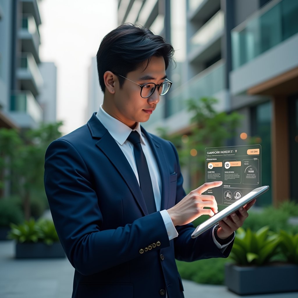 Ultra-realistic condominium manager in a navy blue suit, set in a modern luxury condominium environment with high-rise buildings and lush green landscaping, reviewing a holographic schedule interface on a tablet with task icons and timelines, focused and confident expression, cinematic lighting, shallow depth of field, highly detailed textures, realistic skin, photographic realism, 8k resolution --ar 1:1 --v 6