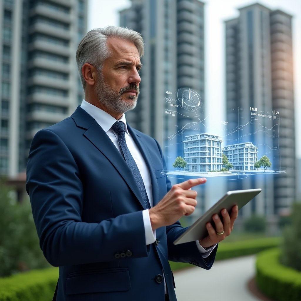 Ultra-realistic condominium manager in a navy blue tailored suit, set in a modern luxury condominium environment with high-rise buildings and manicured green landscaping, holding a digital tablet and pointing at a floating holographic pie chart illustrating fraction ideal calculations, overlaid with transparent building schematics, confident and focused expression, cinematic lighting, shallow depth of field, highly detailed textures, realistic skin, photographic realism, 8k resolution --ar 1:1 --v 6