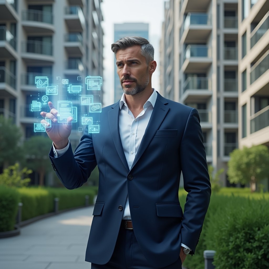 Ultra-realistic condominium manager in a navy blue executive suit, set in a modern luxury condominium environment with high-rise buildings and lush green landscaping, standing in a medium shot while interacting with a floating holographic interface displaying icons for calendar, finances, chat messages and building analytics, confident and focused expression, cinematic lighting, shallow depth of field, highly detailed textures, realistic skin, photographic realism, 8k resolution --ar 1:1 --v 6