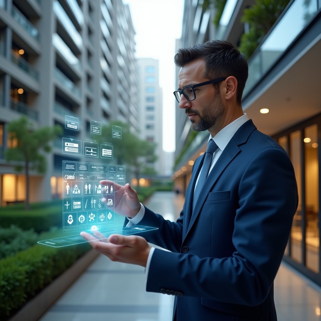 (Ultra-realistic condominium manager in a navy blue suit, set in a modern luxury condominium environment with high-rise buildings and lush green landscaping, confidently interacting with a holographic activity schedule calendar displaying icons of gears, checkmarks and tools, cinematic lighting, shallow depth of field, highly detailed textures, realistic skin, photographic realism, 8k resolution --ar 1:1 --v 6)