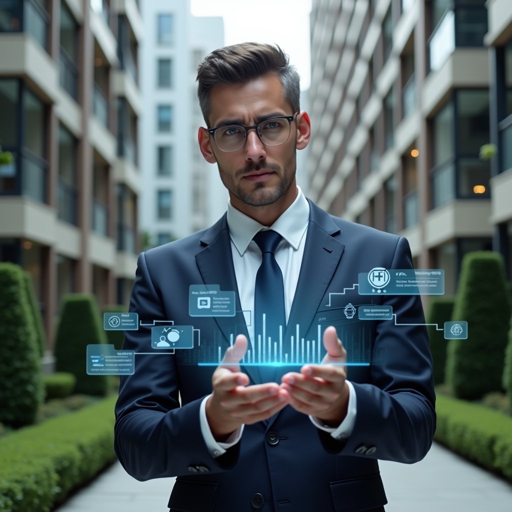 (Ultra-realistic condo manager in a navy tailored suit, set in a modern luxury condominium environment with high-rise buildings and manicured green landscaping, holding and analyzing a semi-transparent holographic interface displaying fração ideal and automated rateio calculations, holographic icons of charts and currency symbols floating around, confident and focused expression, cinematic lighting, shallow depth of field, highly detailed textures, realistic skin, photographic realism, 8k resolution --ar 1:1 --v 6)