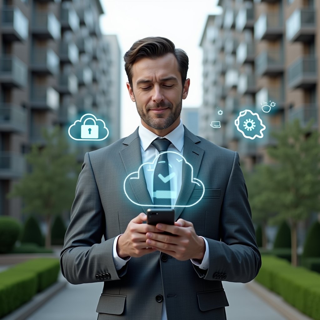 Ultra-realistic condominium manager in a charcoal gray suit, set in a modern luxury condominium environment with high-rise buildings and manicured green landscaping, holding a smartphone projecting a glowing cloud-based app hologram, confident expression, surrounded by floating icons of a lock, chat bubble, and gear representing security, communication, and automation, cinematic lighting, shallow depth of field, highly detailed textures, realistic skin, photographic realism, 8k resolution --ar 1:1 --v 6