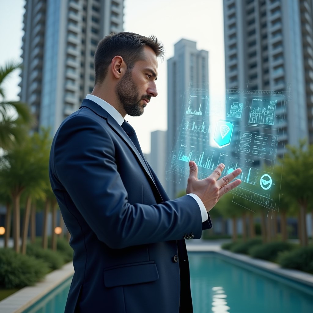Ultra-realistic condominium manager in a navy blue executive suit, set in a modern luxury condominium environment with high-rise buildings and lush green landscaping, confidently examining a floating holographic dashboard of real-time financial charts and graphs, with semi-transparent icons of currency and a security shield symbolizing transparency and data protection, cinematic lighting, shallow depth of field, highly detailed textures, realistic skin, photographic realism, 8k resolution --ar 1:1 --v 6