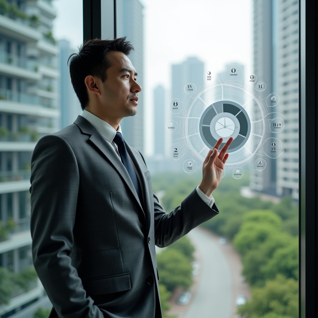 Ultra-realistic condominium manager in a charcoal gray suit, set in a modern luxury condominium environment with high-rise buildings and manicured green landscaping, standing by a glass office window, analyzing a holographic pie chart representing cost allocation fractions, floating fractional icons around, confident and focused expression, cinematic lighting, shallow depth of field, highly detailed textures, realistic skin, photographic realism, 8k resolution --ar 1:1 --v 6