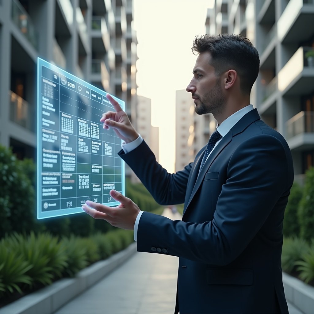 Ultra-realistic condominium manager in a dark blue tailored suit, set in a modern luxury condominium environment with high-rise buildings and meticulously landscaped greenery, interacting with a holographic monthly schedule display, confidently pointing to a floating timeline of tasks, symbolic digital calendar icons and task markers surrounding them, cinematic lighting, shallow depth of field, highly detailed textures, realistic skin, photographic realism, 8k resolution --ar 1:1 --v 6
