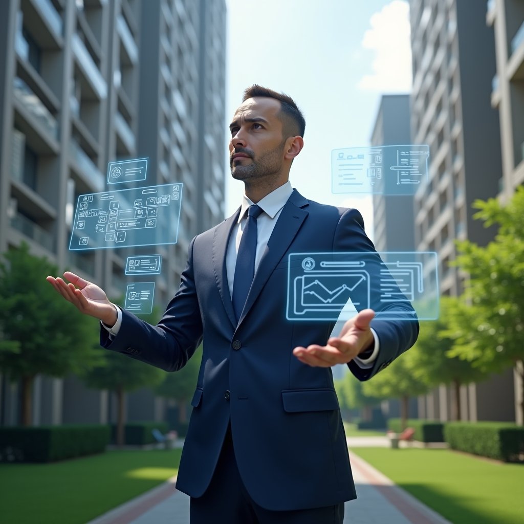 Ultra-realistic condominium manager in a navy blue executive suit, set in a modern luxury condominium environment with high-rise buildings and meticulously landscaped greenery, mid-shot of the manager confidently interacting with a floating holographic interface showing approval checkmarks, quotation charts and chat bubbles, cinematic lighting, shallow depth of field, highly detailed textures, realistic skin, photographic realism, 8k resolution --ar 1:1 --v 6