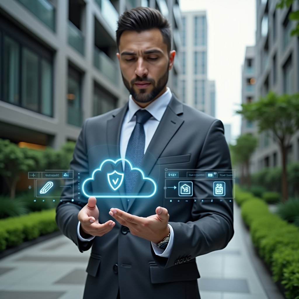 Ultra-realistic condominium manager in a charcoal gray suit, set in a modern luxury condominium environment with high-rise buildings and manicured green landscaping, mid shot close-up of the manager interacting with a holographic remote management interface displaying cloud icons, security shields, mobile device symbols and performance graphs, confident and focused expression, cinematic lighting, shallow depth of field, highly detailed textures, realistic skin, photographic realism, 8k resolution --ar 1:1 --v 6