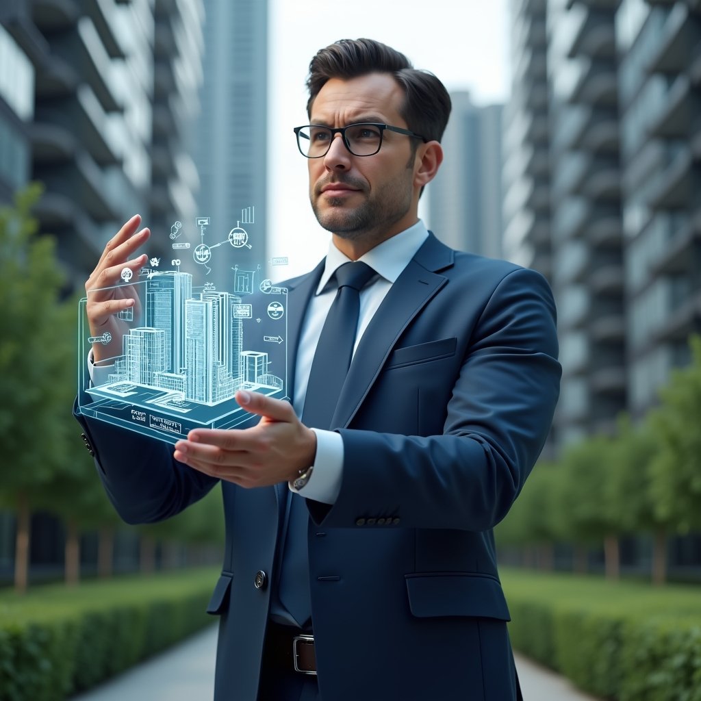 Ultra-realistic condominium manager in a navy blue executive suit, set in a modern luxury condominium environment with high-rise buildings and manicured green landscaping, interacting with a floating holographic interface displaying building infrastructure diagrams, energy efficiency icons, security camera symbols and water flow graphs, confident and thoughtful expression, cinematic lighting, shallow depth of field, highly detailed textures, realistic skin, photographic realism, 8k resolution --ar 1:1 --v 6