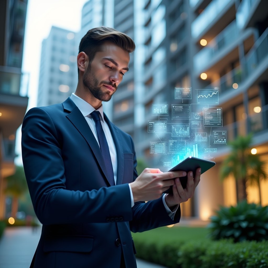 Ultra-realistic property manager in a navy blue suit, set in a modern luxury condominium environment with high-rise buildings and lush green landscaping, holding a transparent tablet displaying glowing holographic icons of graphs, calendars and notifications, confidently analyzing digital data, cinematic lighting, shallow depth of field, highly detailed textures, realistic skin, photographic realism, 8k resolution --ar 1:1 --v 6