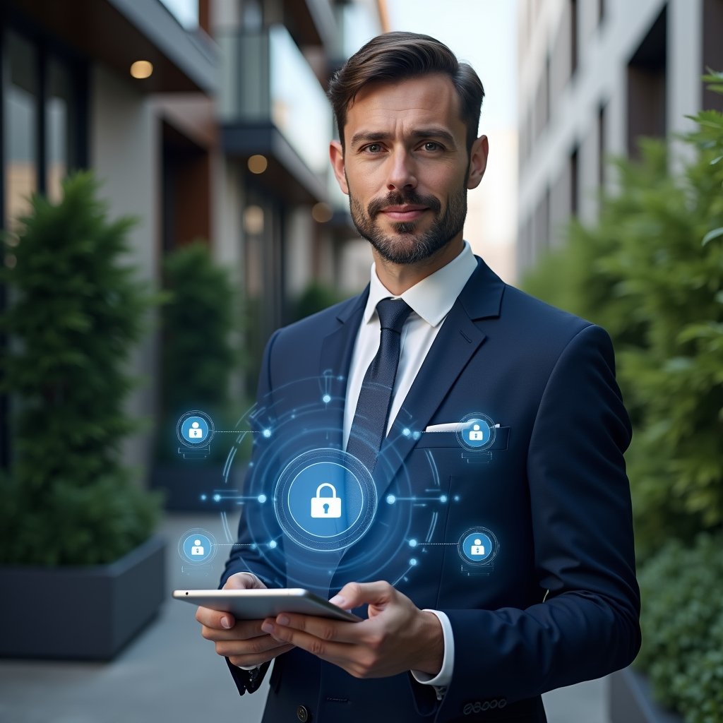 (Ultra-realistic condominium manager in a navy blue tailored suit, set in a modern luxury condominium environment with high-rise buildings and lush green landscaping, holding a tablet displaying a holographic condominium management app interface, confident expression, floating icons of residents, calendar and security lock as thematic visual elements, cinematic lighting, shallow depth of field, highly detailed textures, realistic skin, photographic realism, 8k resolution --ar 1:1 --v 6)