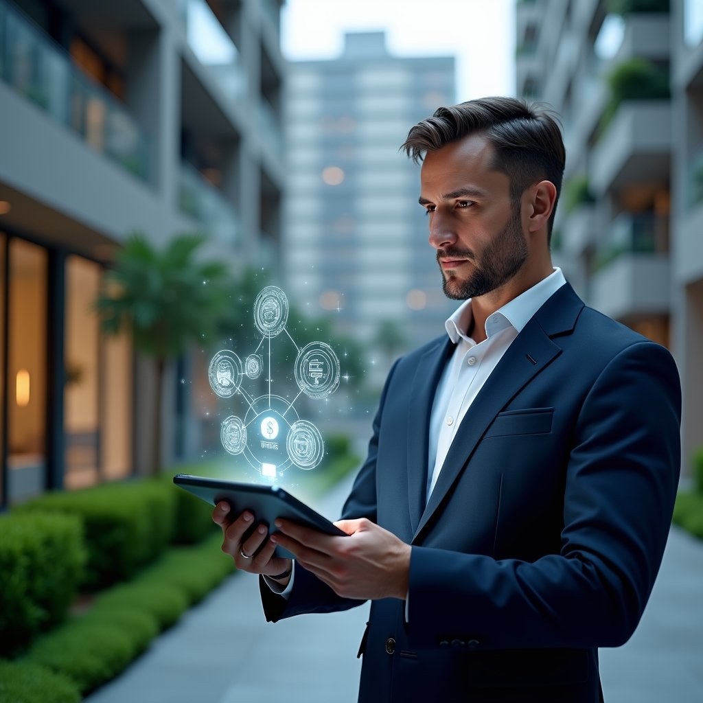 (Ultra-realistic condominium manager in a navy suit, set in a modern luxury condominium environment with high-rise buildings and manicured green landscaping, holding a tablet displaying holographic icons for communication, automation and financial charts, confidently analyzing data, cinematic lighting, shallow depth of field, highly detailed textures, realistic skin, photographic realism, 8k resolution --ar 1:1 --v 6)