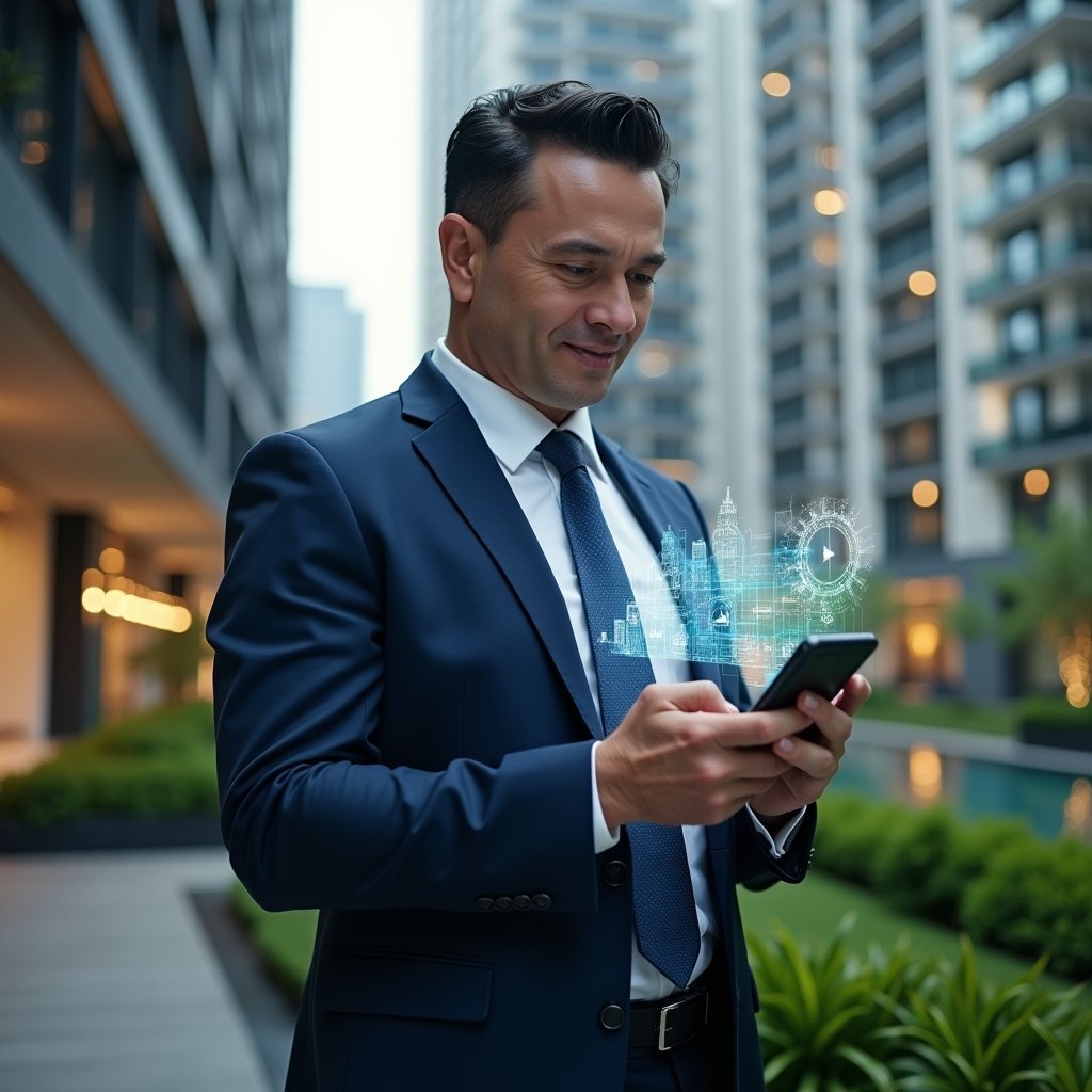 Ultra-realistic condo manager in a tailored navy suit, set in a modern luxury condominium environment with high-rise buildings and lush green landscaping, holding a smartphone displaying a floating holographic app interface, confidently interacting with digital controls, cinematic lighting, shallow depth of field, highly detailed textures, realistic skin, photographic realism, 8k resolution --ar 1:1 --v 6