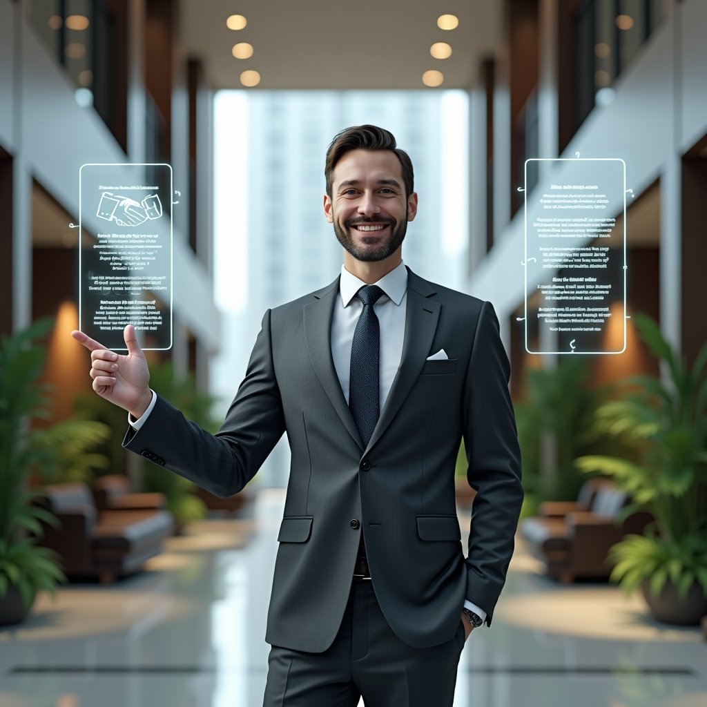 Ultra-realistic condominium manager in a charcoal gray suit, set in a modern luxury condominium environment with high-rise buildings and lush green landscaping, standing in a sleek lobby, confidently pointing at floating holographic panels displaying community rules and a handshake icon, conveying harmony and order, cinematic lighting, shallow depth of field, highly detailed textures, realistic skin, photographic realism, 8k resolution --ar 1:1 --v 6