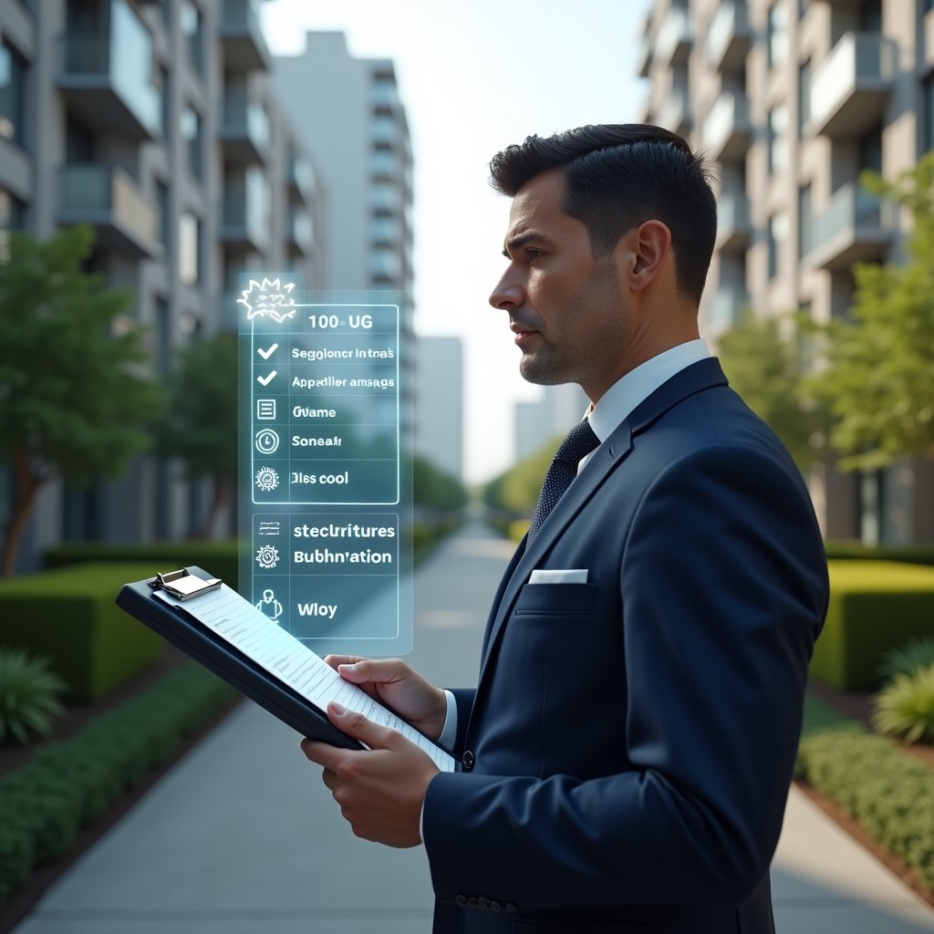 Ultra-realistic condominium manager in a navy executive suit, set in a modern luxury condominium environment with high-rise buildings and meticulously manicured gardens, holding a digital clipboard and reviewing a floating holographic checklist of tasks, confident expression, subtle icons of calendar, clock and gears orbiting around the hologram, cinematic lighting, shallow depth of field, highly detailed textures, realistic skin, photographic realism, 8k resolution --ar 1:1 --v 6