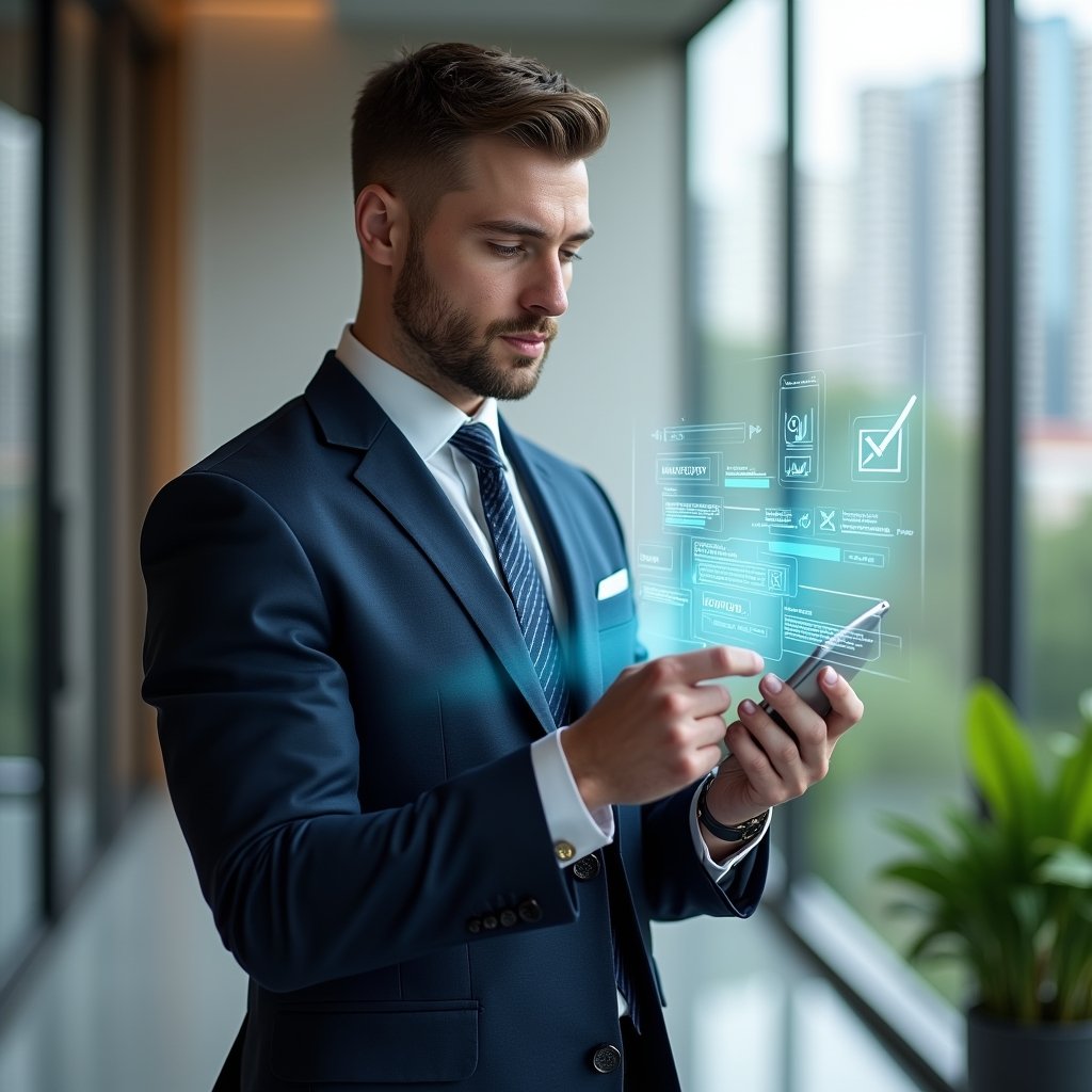 Ultra-realistic property manager in a tailored navy suit, set in a modern luxury condominium environment with high-rise buildings and green landscaping, standing in a sleek lobby holding a holographic monthly checklist calendar, reviewing tasks with a focused, confident expression, floating task icons and progress bars around, cinematic lighting, shallow depth of field, highly detailed textures, realistic skin, photographic realism, 8k resolution --ar 1:1 --v 6