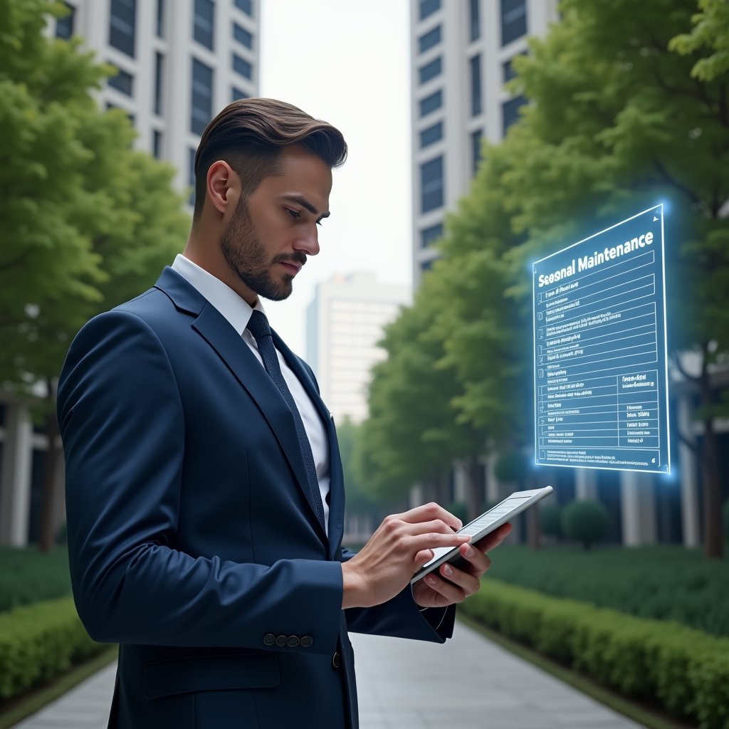 Ultra-realistic condominium facility manager in a dark blue tailored suit, set in a modern luxury condominium environment with high-rise buildings and manicured green landscaping, checking a digital tablet with a holographic seasonal maintenance checklist floating beside them, confident expression, cinematic lighting, shallow depth of field, highly detailed textures, realistic skin, photographic realism, 8k resolution --ar 1:1 --v 6