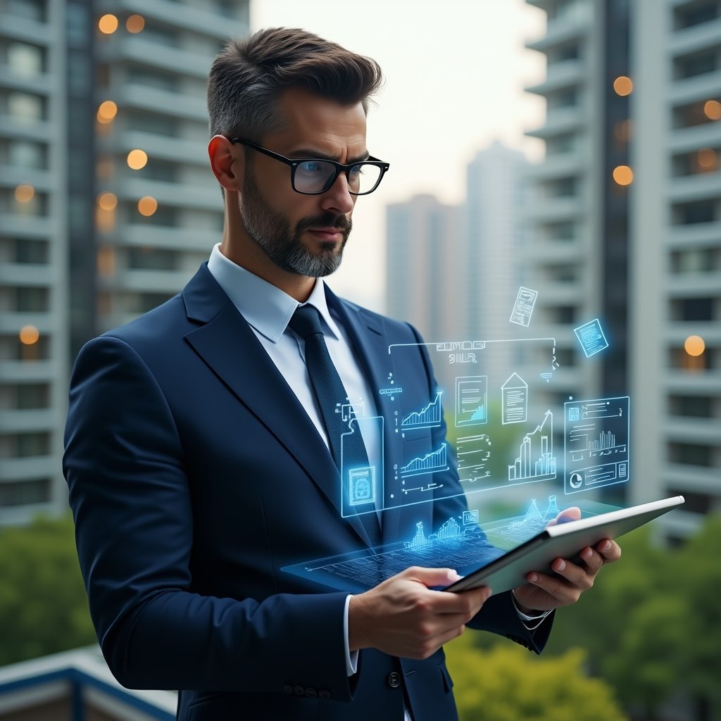Ultra-realistic condominium manager in a navy blue suit, set in a modern luxury condominium environment with high-rise buildings and lush green landscaping, mid-shot focused on him holding a transparent digital tablet displaying holographic financial charts and a detailed checklist, floating icons of documents and ledger pages around him, confident and thoughtful expression, cinematic lighting, shallow depth of field, highly detailed textures, realistic skin, photographic realism, 8k resolution --ar 1:1 --v 6