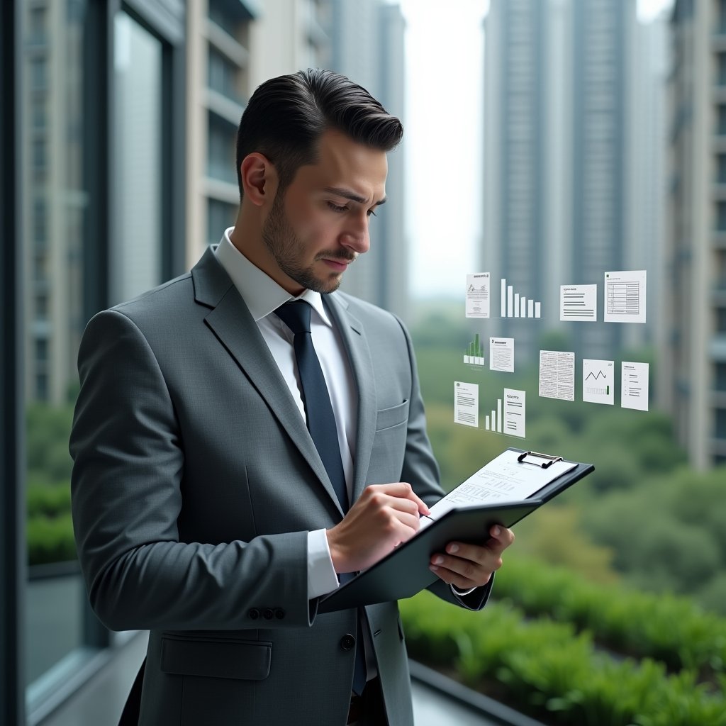 (Ultra-realistic condominium manager in a tailored gray suit, set in a modern luxury condominium environment with high-rise buildings and lush green landscaping, holding a digital clipboard and reviewing holographic financial charts and receipts, conveying confidence and focus while performing a monthly accounts checklist, subtle icons of balance sheets and document stacks floating nearby, cinematic lighting, shallow depth of field, highly detailed textures, realistic skin, photographic realism, 8k resolution --ar 1:1 --v 6)