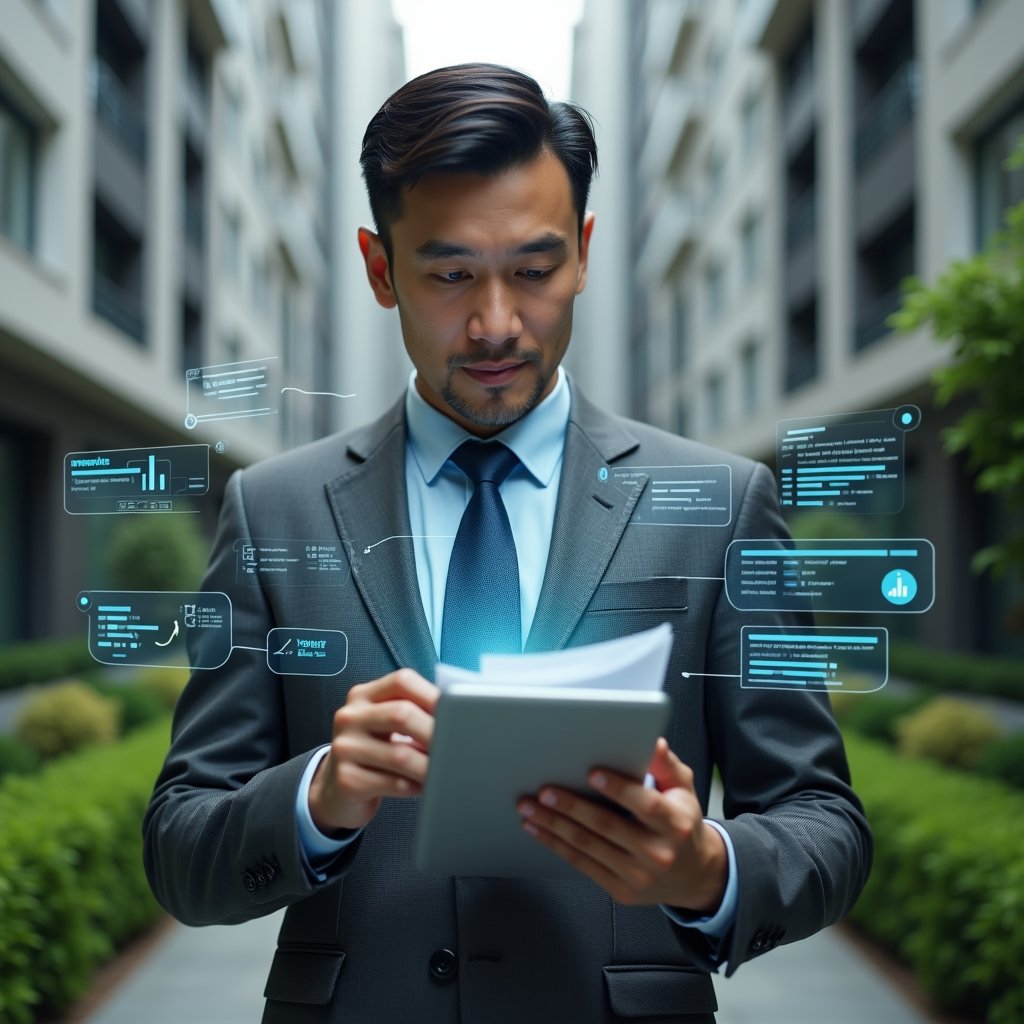 (Ultra-realistic condominium manager in a charcoal gray suit, set in a modern luxury condominium environment with high-rise buildings and manicured green landscaping, analyzing a holographic financial checklist floating above a tablet, holding digital documents and receipts, confident and focused expression, checklist icons and report graphs glowing around, cinematic lighting, shallow depth of field, highly detailed textures, realistic skin, photographic realism, 8k resolution --ar 1:1 --v 6)