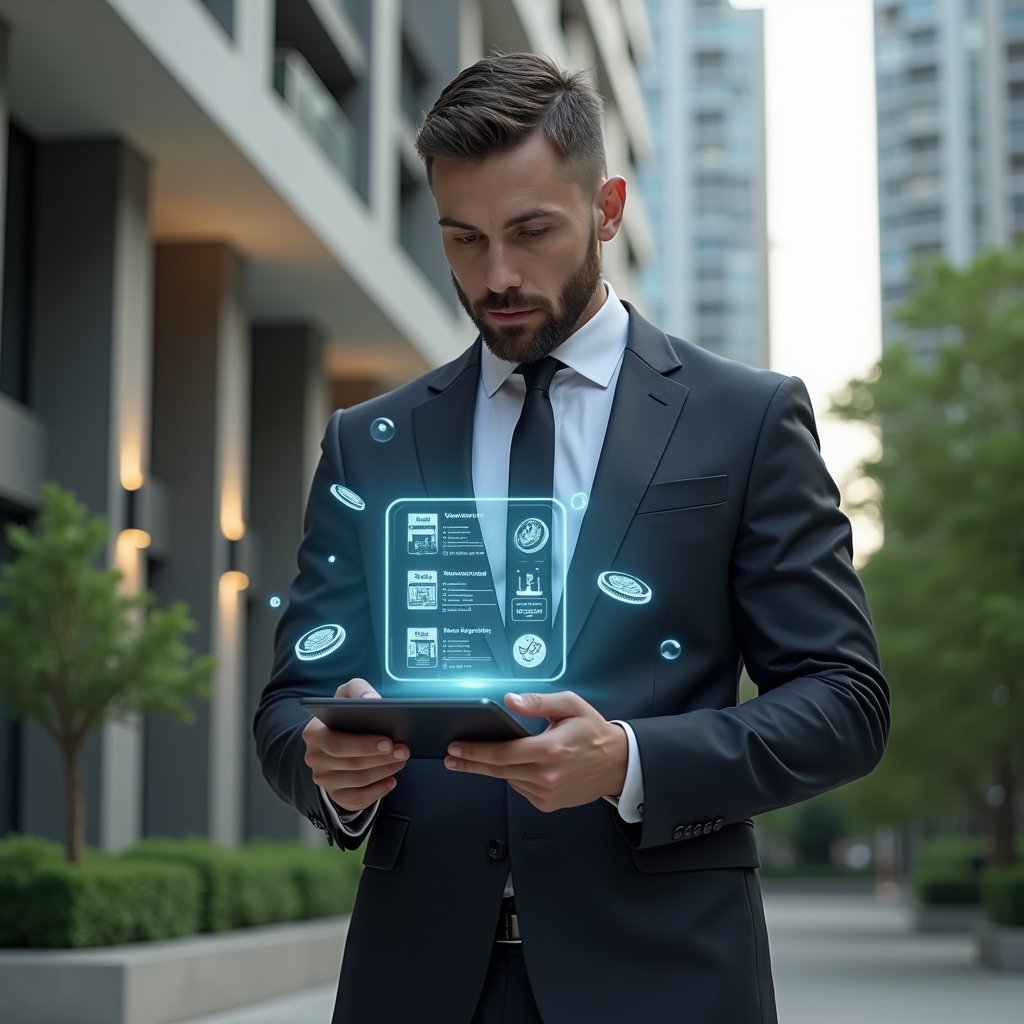 Ultra-realistic condominium manager in a tailored dark suit, set in a modern luxury condominium environment with high-rise buildings and pristine green landscaping, holding a tablet and reviewing a floating digital checklist hologram with coin-saving icons and app interface, confident and focused expression, cinematic lighting, shallow depth of field, highly detailed textures, realistic skin, photographic realism, 8k resolution --ar 1:1 --v 6