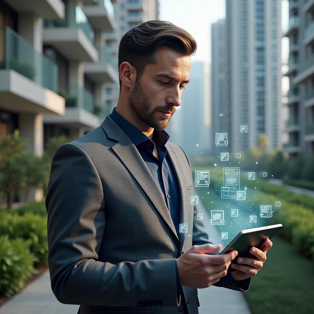 (Ultra-realistic condo manager in a charcoal grey suit, set in a modern luxury condominium environment with high-rise buildings and lush green landscaping, holding a tablet displaying a detailed checklist for extraordinary expense approval, surrounded by holographic icons of documents and checkmarks, focused and confident expression, cinematic lighting, shallow depth of field, highly detailed textures, realistic skin, photographic realism, 8k resolution --ar 1:1 --v 6)