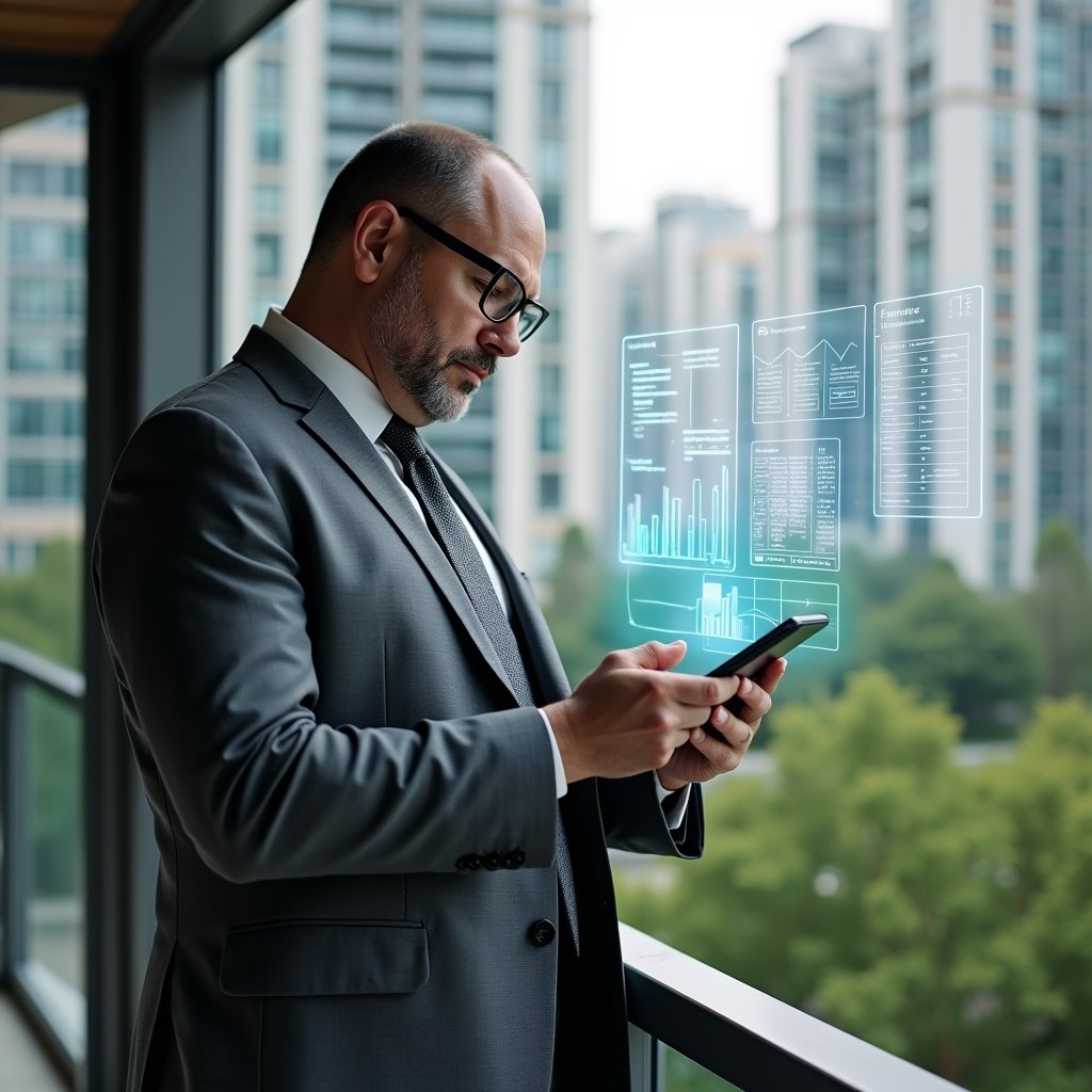 (Ultra-realistic property manager in a charcoal gray suit, set in a modern luxury condominium environment with high-rise buildings and lush green landscaping, holding a tablet displaying a holographic financial checklist, confidently reviewing a floating digital ledger overlaid with transparent charts and icons, cinematic lighting, shallow depth of field, highly detailed textures, realistic skin, photographic realism, 8k resolution --ar 1:1 --v 6)