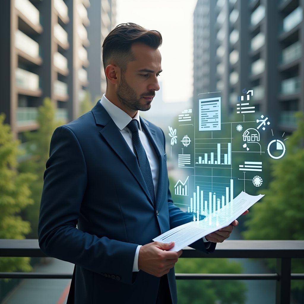 (Ultra-realistic condominium manager in a tailored navy suit, set in a modern luxury condominium environment with high-rise buildings and lush green landscaping, holding and analyzing a transparent holographic financial report displaying charts and graphs, surrounded by floating icons of documents and pie charts, confident and focused expression, cinematic lighting, shallow depth of field, highly detailed textures, realistic skin, photographic realism, 8k resolution --ar 1:1 --v 6)