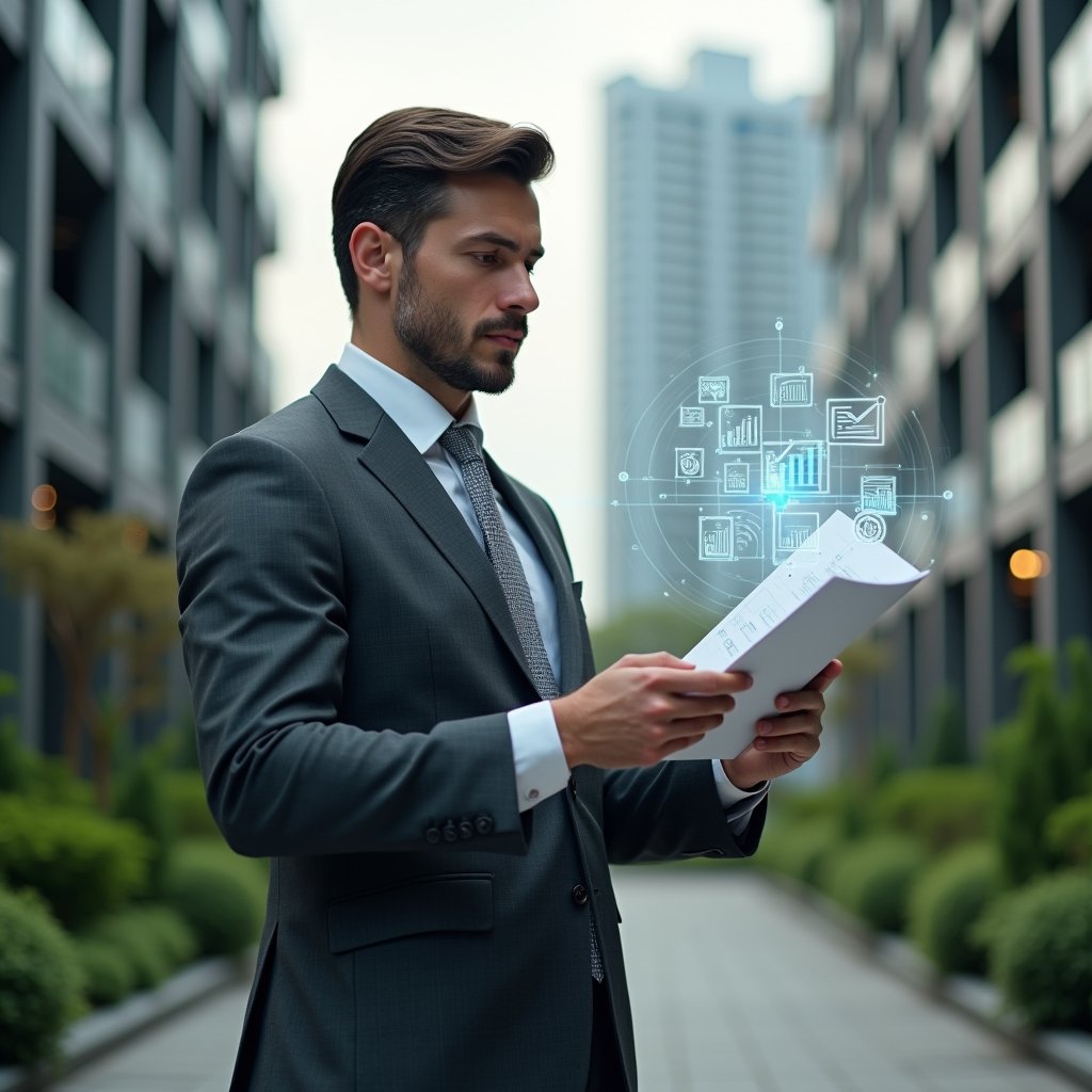 (Ultra-realistic condominium manager in a charcoal gray executive suit, set in a modern luxury condominium environment with high-rise buildings and manicured green landscaping, reviewing holographic financial reports with floating transparency charts and document icons, focused and confident expression, cinematic lighting, shallow depth of field, highly detailed textures, realistic skin, photographic realism, 8k resolution --ar 1:1 --v 6)