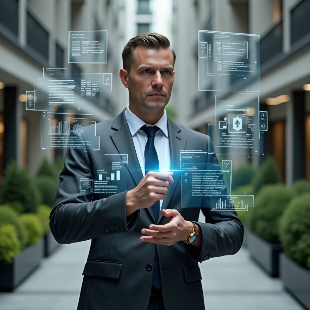 (Ultra-realistic condominium manager in a charcoal gray suit, set in a modern luxury condominium environment with high-rise buildings and manicured greenery, interacting with a holographic interface displaying financial charts, chat bubbles, calendar icons and maintenance alerts, conveying confidence and focus, cinematic lighting, shallow depth of field, highly detailed textures, realistic skin, photographic realism, 8k resolution --ar 1:1 --v 6)