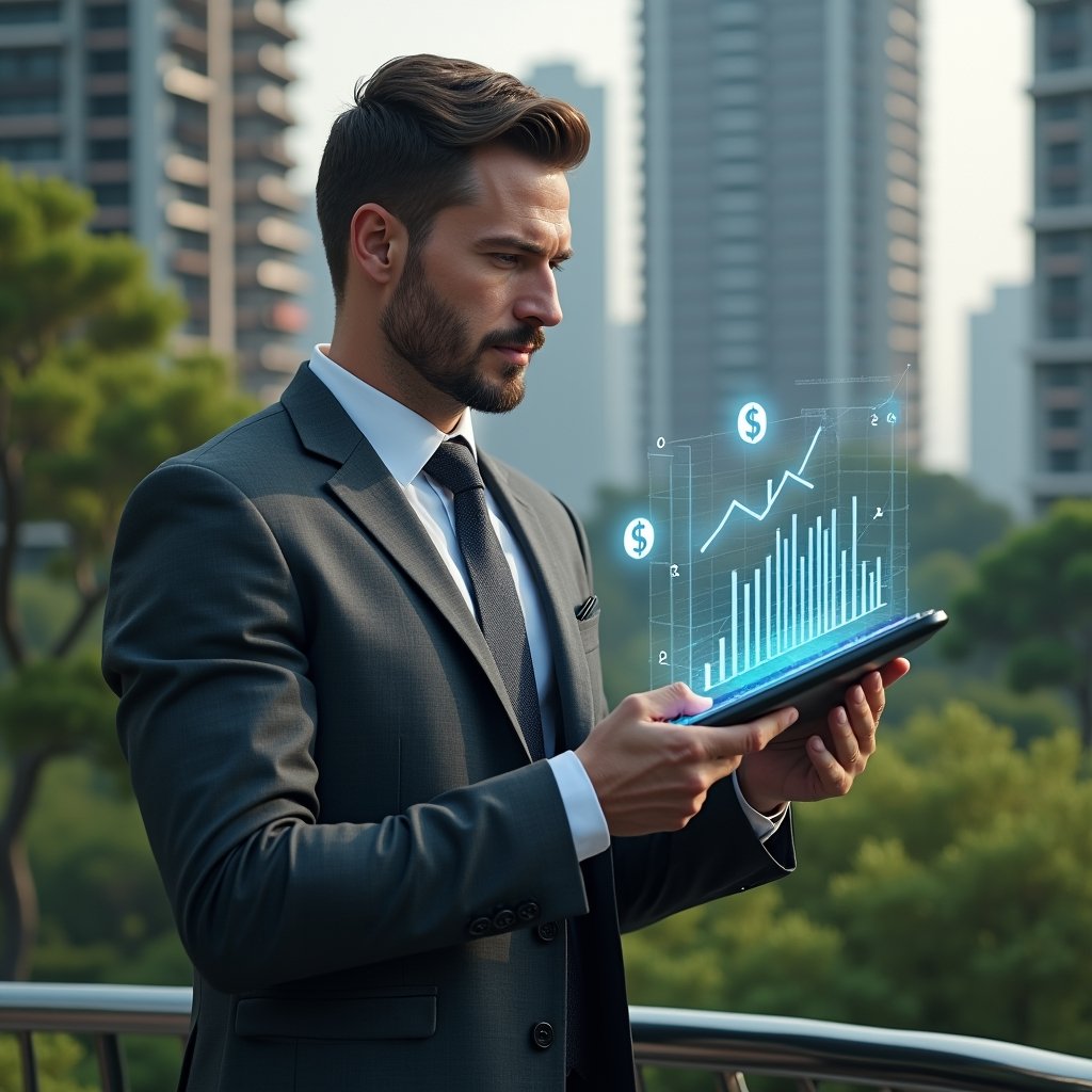 Ultra-realistic condominium manager in a dark gray executive suit, set in a modern luxury condominium environment with high-rise buildings and lush green landscaping, holding a digital tablet displaying holographic cost-reduction charts and graphs, analyzing with a confident, focused expression, floating icons of dollar signs and downward arrows around the tablet, cinematic lighting, shallow depth of field, highly detailed textures, realistic skin, photographic realism, 8k resolution --ar 1:1 --v 6