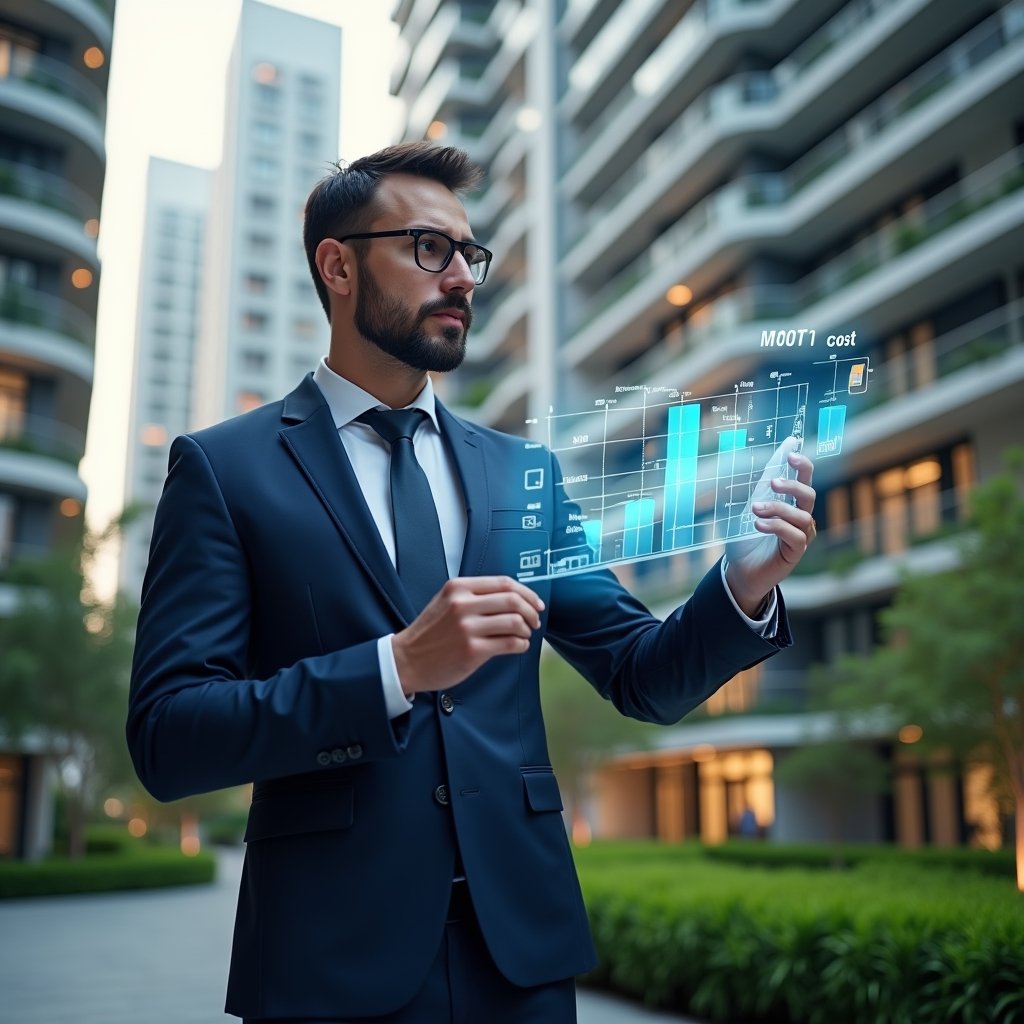 (Ultra-realistic property manager in a tailored navy-blue executive suit, set in a modern luxury condominium environment with high-rise buildings and lush green landscaping, mid-shot close-up, confidently analyzing a holographic financial chart and budget icons that symbolize cost reduction strategies, cinematic lighting, shallow depth of field, highly detailed textures, realistic skin, photographic realism, 8k resolution --ar 1:1 --v 6)