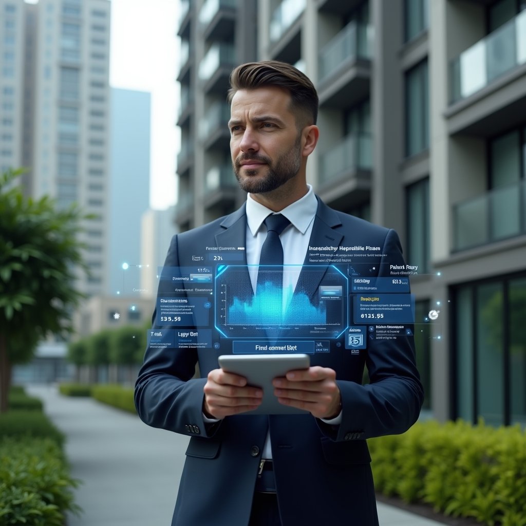 (Ultra-realistic condominium manager in a tailored navy suit, set in a modern luxury condominium environment with high-rise buildings and manicured green landscaping, mid shot as they review a holographic financial dashboard displaying maintenance schedules and cost-saving graphs, holding a digital tablet with floating icons of gears and dollar signs, confident and thoughtful expression, cinematic lighting, shallow depth of field, highly detailed textures, realistic skin, photographic realism, 8k resolution --ar 1:1 --v 6)