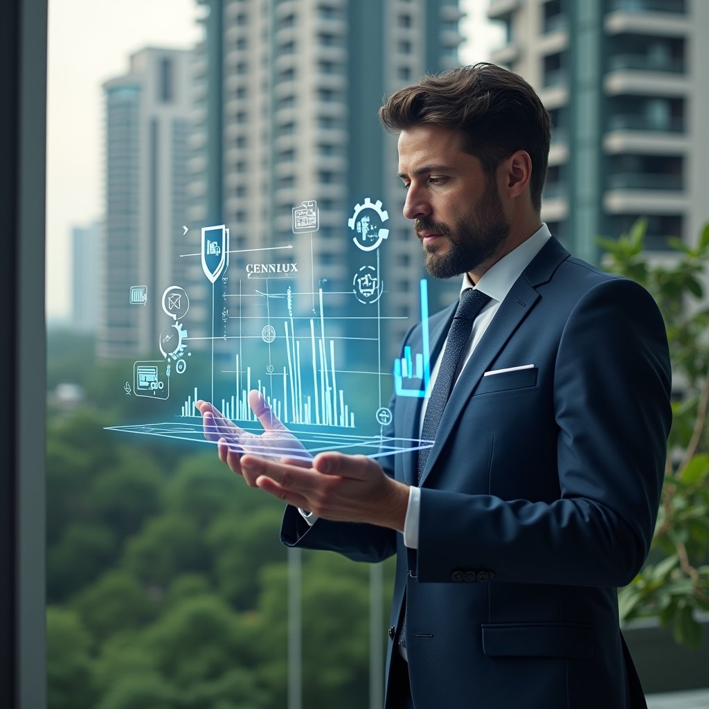 Ultra-realistic condominium manager in a navy tailored suit, set in a modern luxury condominium environment with high-rise buildings and green landscaping, analyzing a holographic financial chart displaying cost-saving metrics, floating icons of coins, gears, and a shield representing budgeting and security, cinematic lighting, shallow depth of field, highly detailed textures, realistic skin, photographic realism, 8k resolution --ar 1:1 --v 6