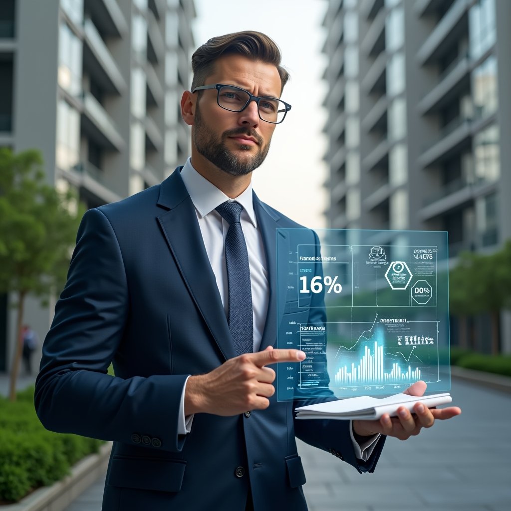 (Ultra-realistic condominium property manager in a navy blue suit, set in a modern luxury condominium environment with high-rise buildings and green landscaping, holding a transparent holographic financial chart and pointing at cost-saving icons, surrounded by architectural blueprints and digital budget overlays, confident and focused expression, cinematic lighting, shallow depth of field, highly detailed textures, realistic skin, photographic realism, 8k resolution --ar 1:1 --v 6)