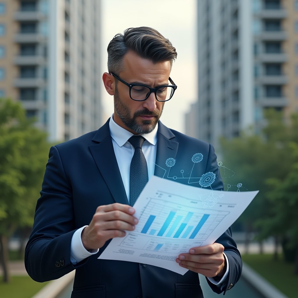 Ultra-realistic condo manager in a navy executive suit, set in a modern luxury condominium environment with high-rise buildings and lush landscaping, holding and analyzing a floating holographic budget chart and blueprint with gear icons, confident and focused expression, cinematic lighting, shallow depth of field, highly detailed textures, realistic skin, photographic realism, 8k resolution --ar 1:1 --v 6