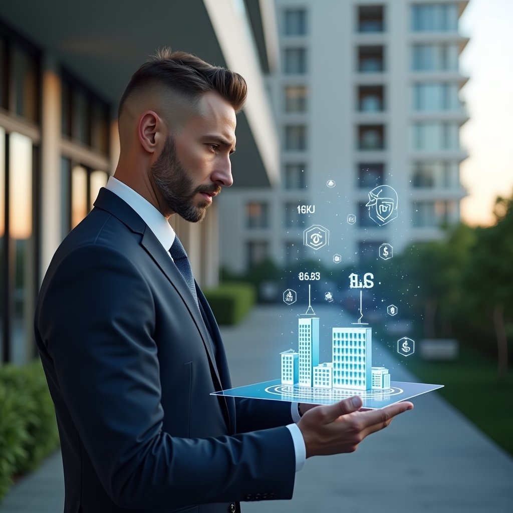 (Ultra-realistic condominium manager in a tailored navy suit, set in a modern luxury condominium environment with high-rise buildings and manicured green landscaping, medium shot of the professional reviewing a holographic budget chart with cost-saving icons and building models floating beside them, thoughtful and confident expression, cinematic lighting, shallow depth of field, highly detailed textures, realistic skin, photographic realism, 8k resolution --ar 1:1 --v 6)